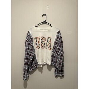Reworked Upcycled USA Crop Flannel Top L/XL